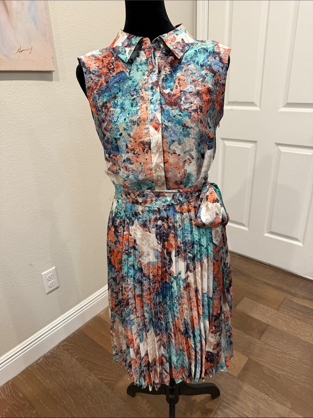 LK Bennett Sleeveless Collared Pleated Midi Dress in Teal, Coral & White